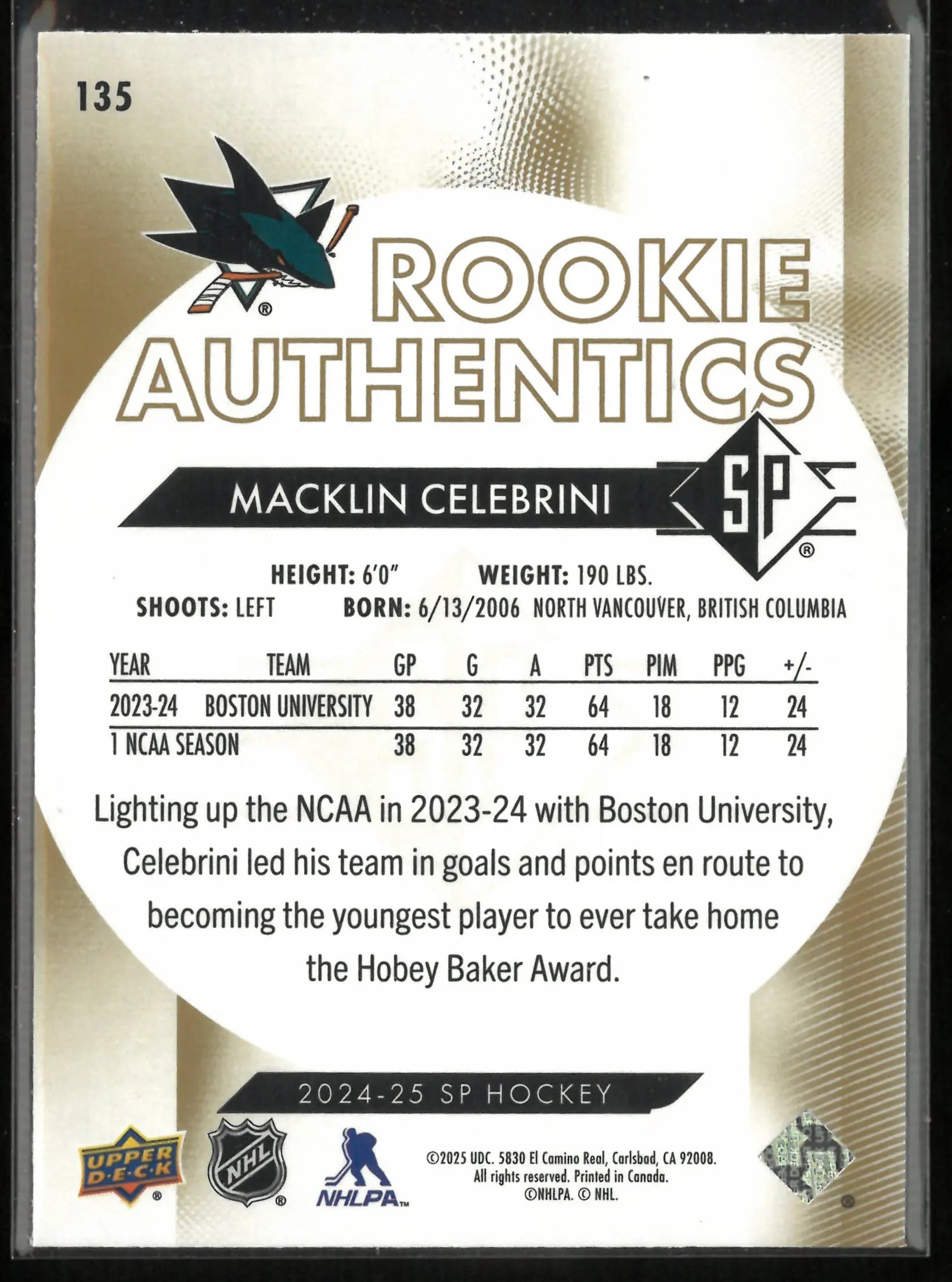 2024-25 Upper Deck SP Hockey Gold Rookie Authentics Macklin Celebrini 