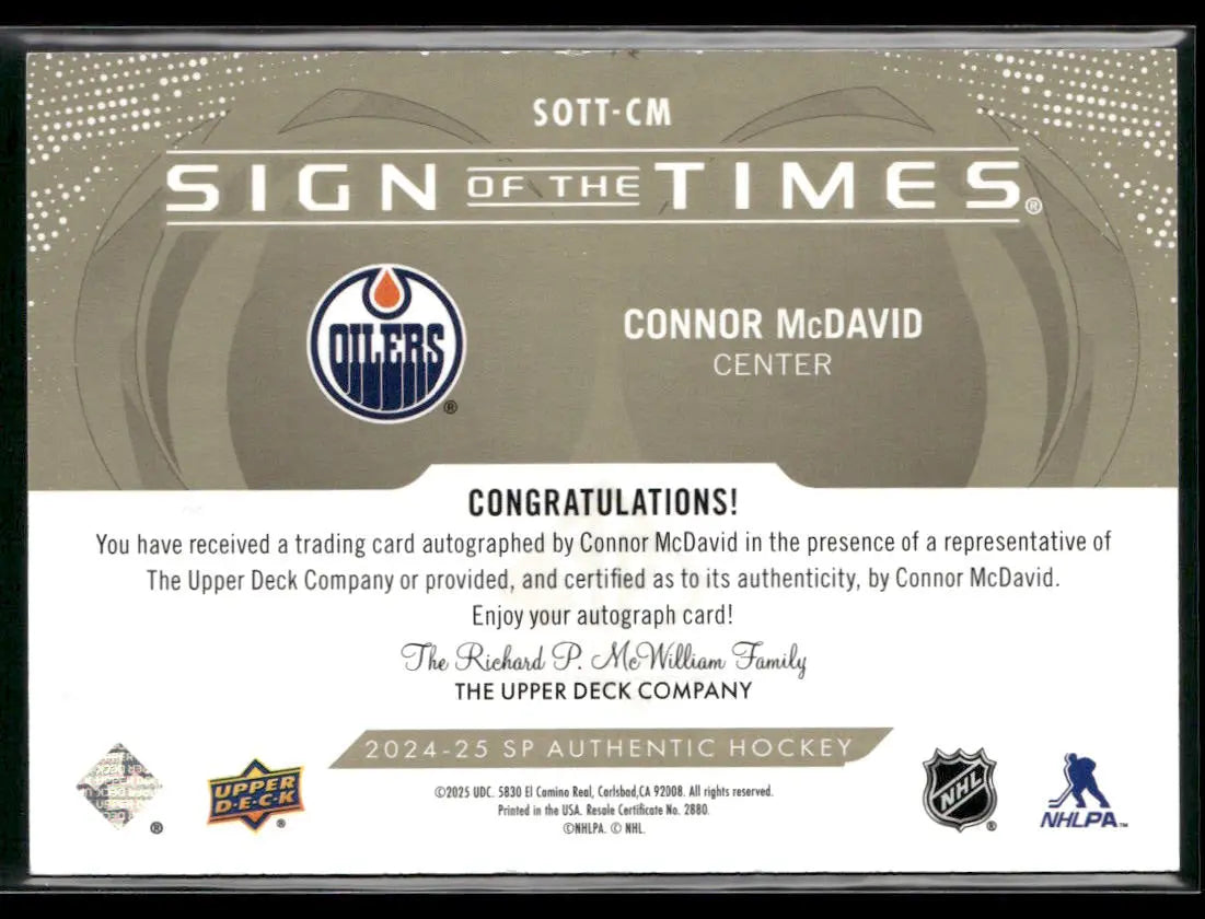 2024-25 Upper Deck SP Sign Of The Times Black Gold Auto Connor McDavid /5 