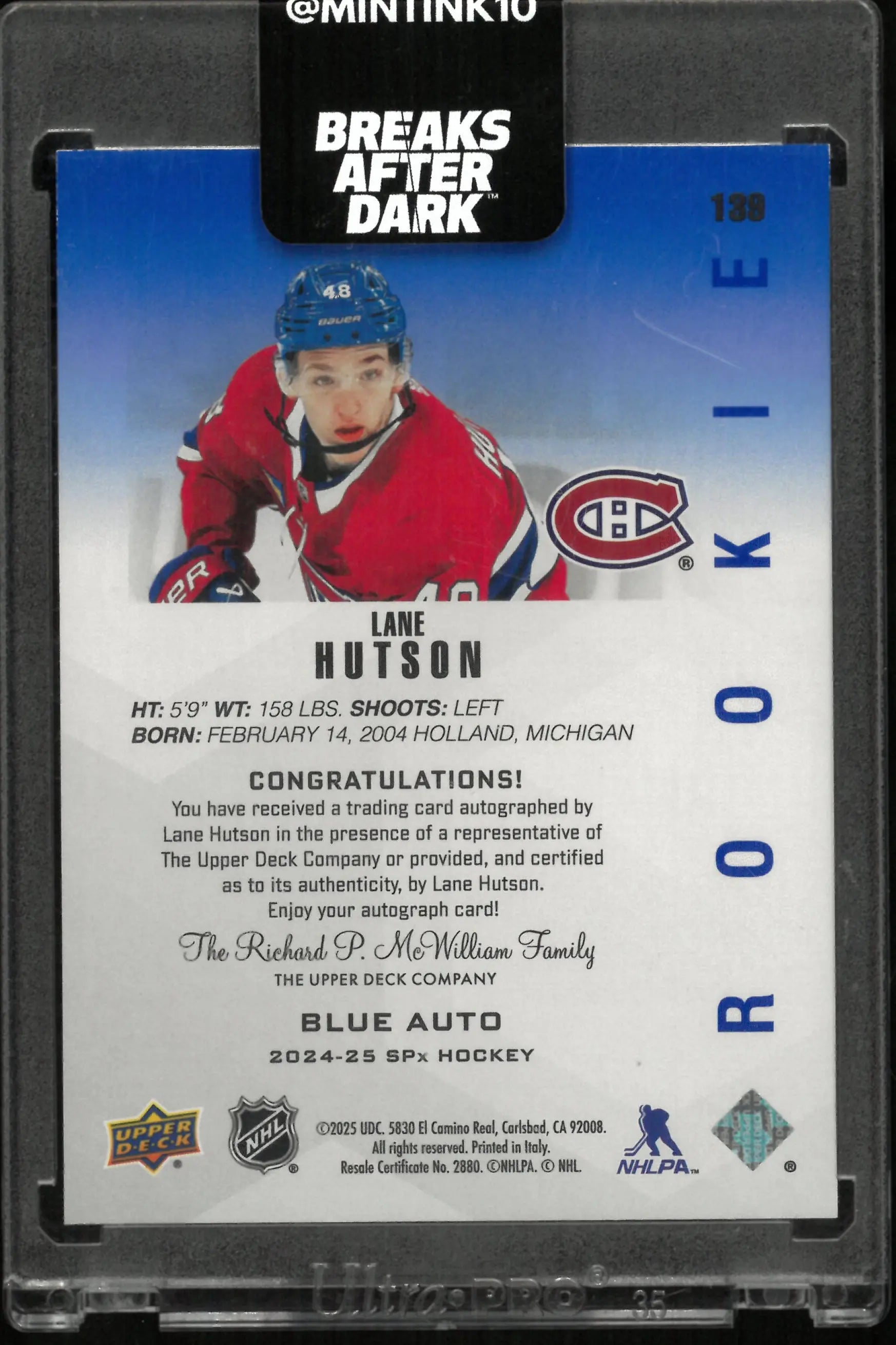 2024-25 Upper Deck SPx Lane Hutson Blue Auto Rookie RC 