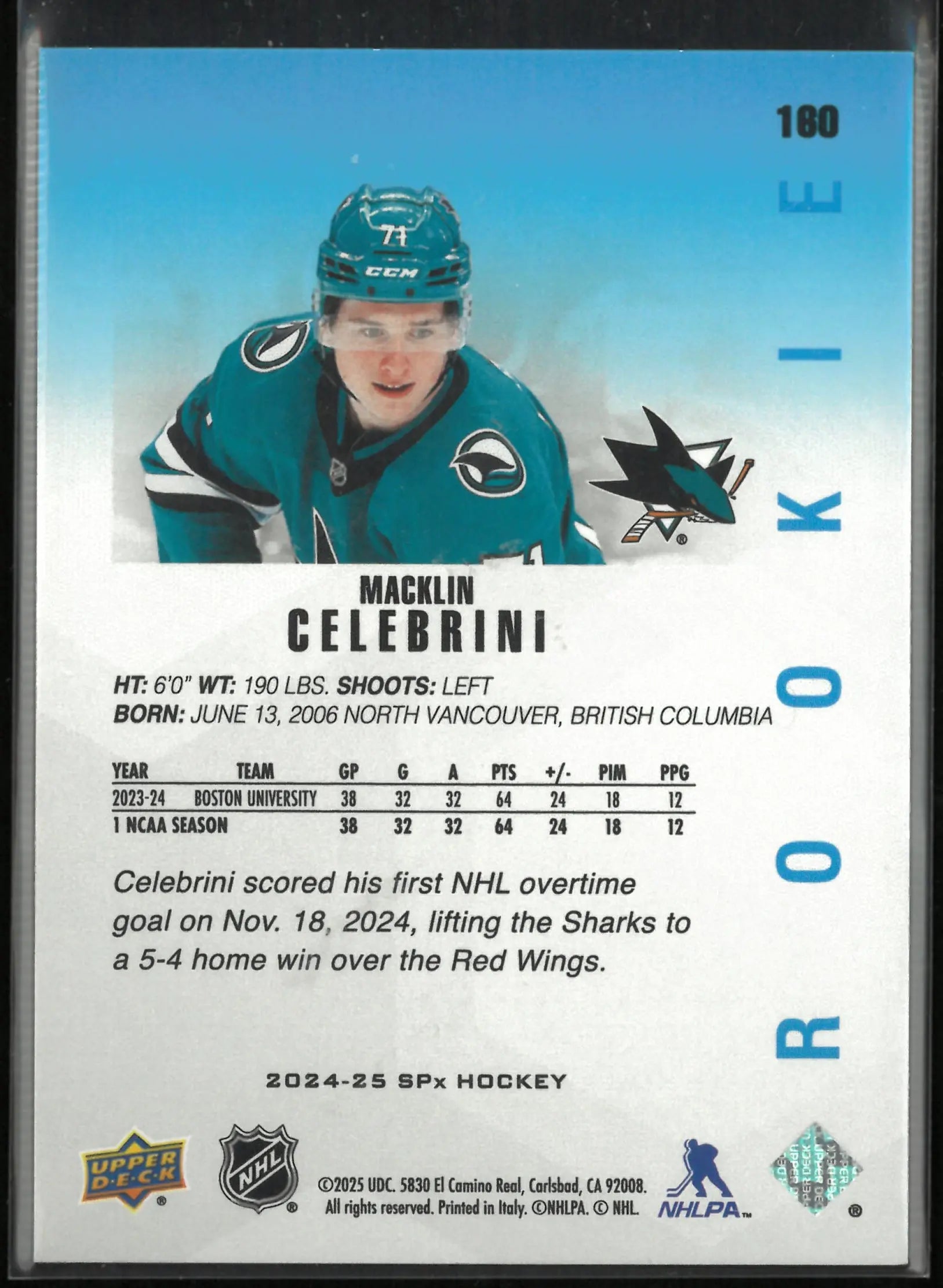 2024-25 Upper Deck SPx Rookie Macklin Celebrini RC 