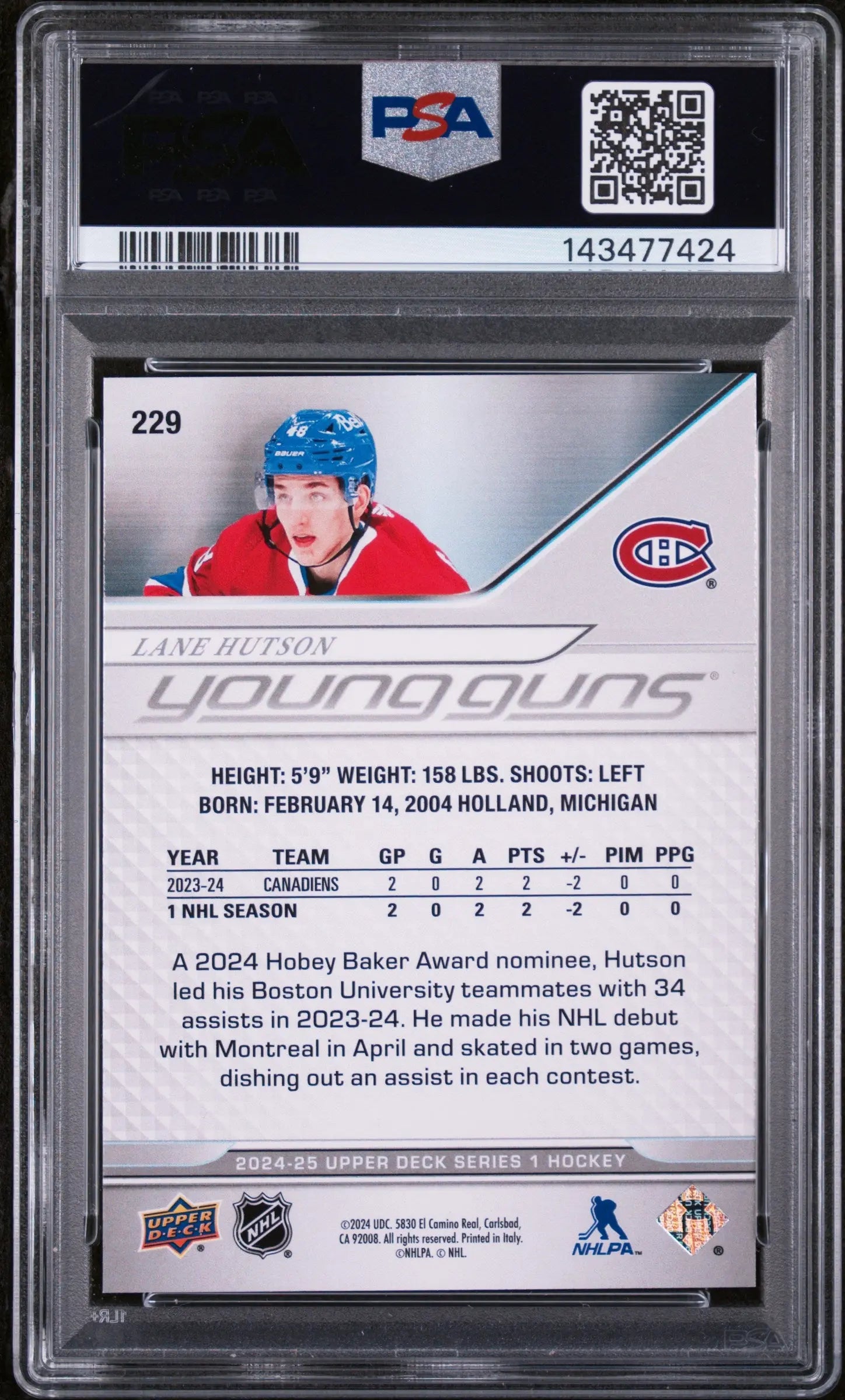 2024-25 Upper Deck Series 1 Lane Hutson Young Guns RC Rookie #229 PSA 8 