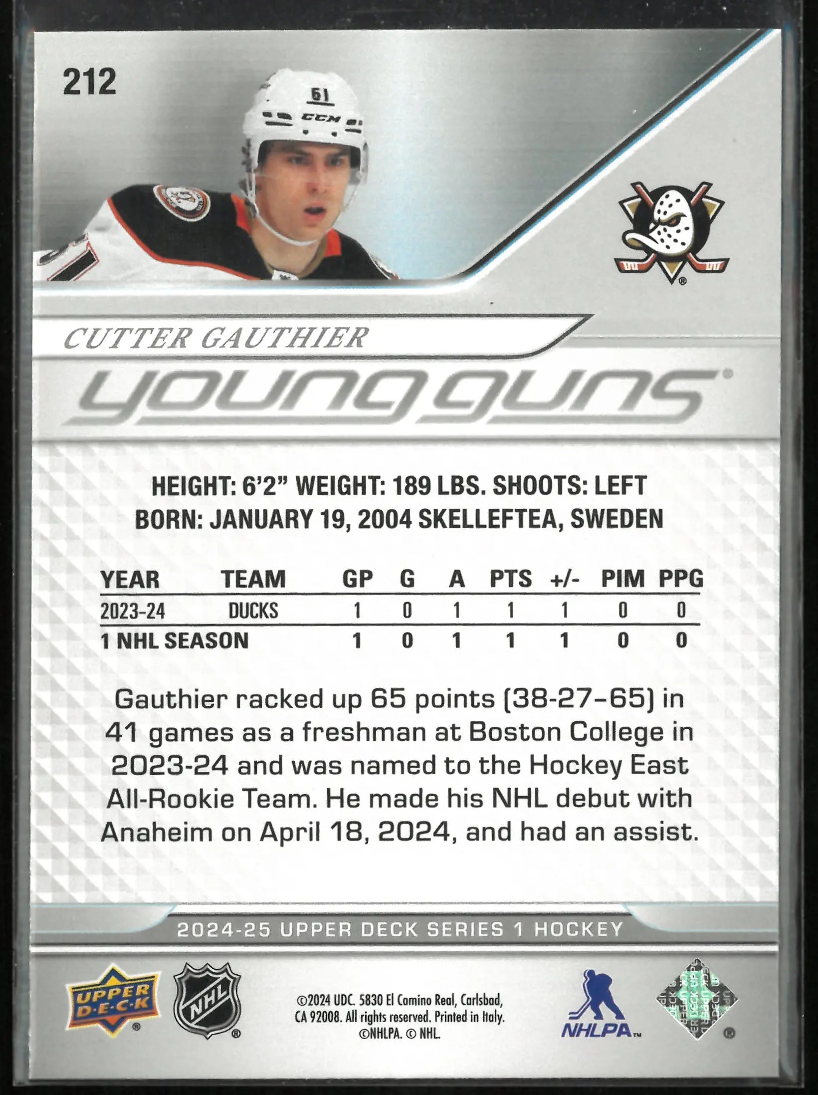2024-25 Upper Deck Series 1 Young Guns Cutter Gauthier Rookie RC 