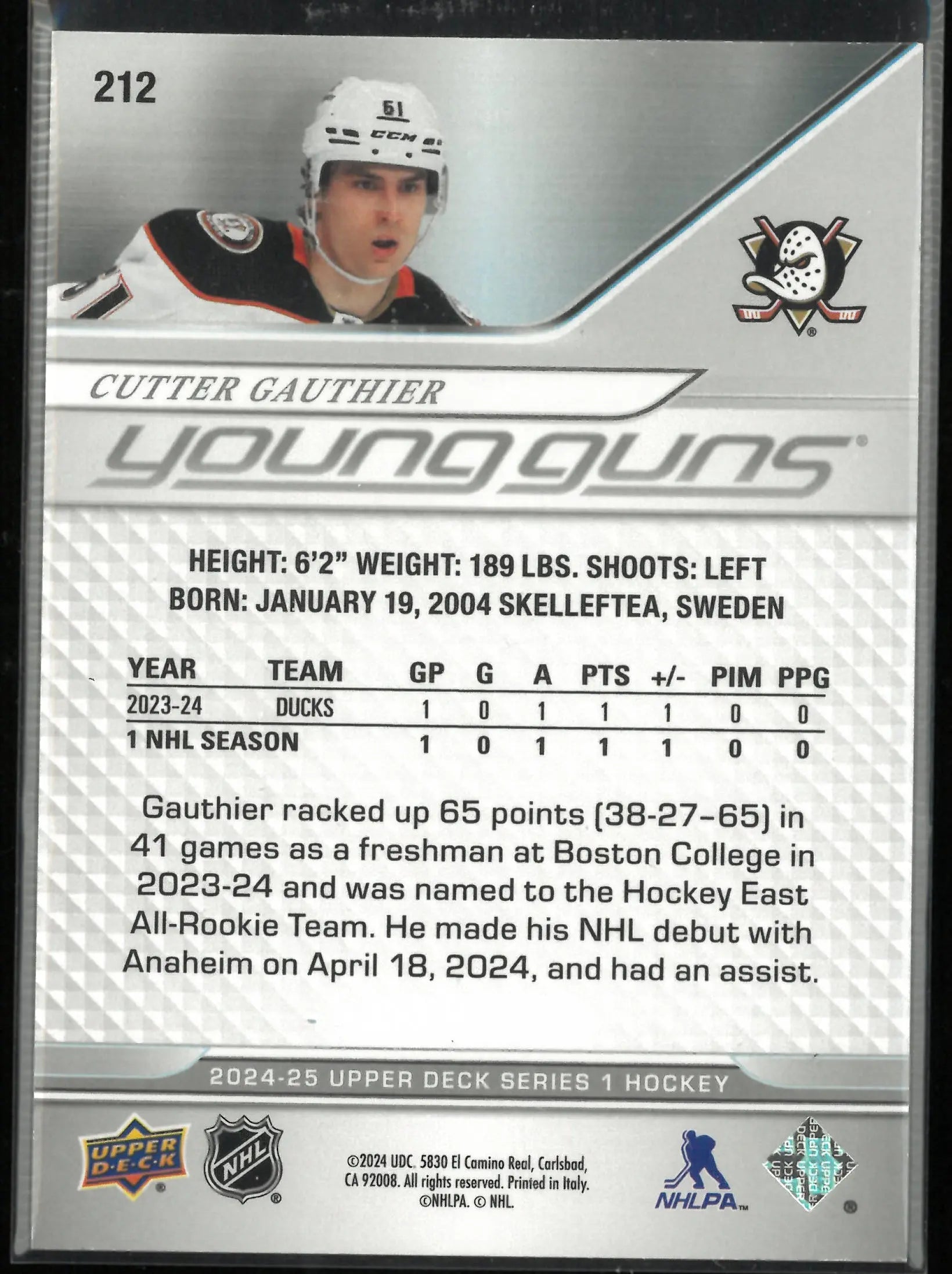 2024-25 Upper Deck Series 1 Young Guns Rookie Cutter Gauthier Deluxe /250 RC 