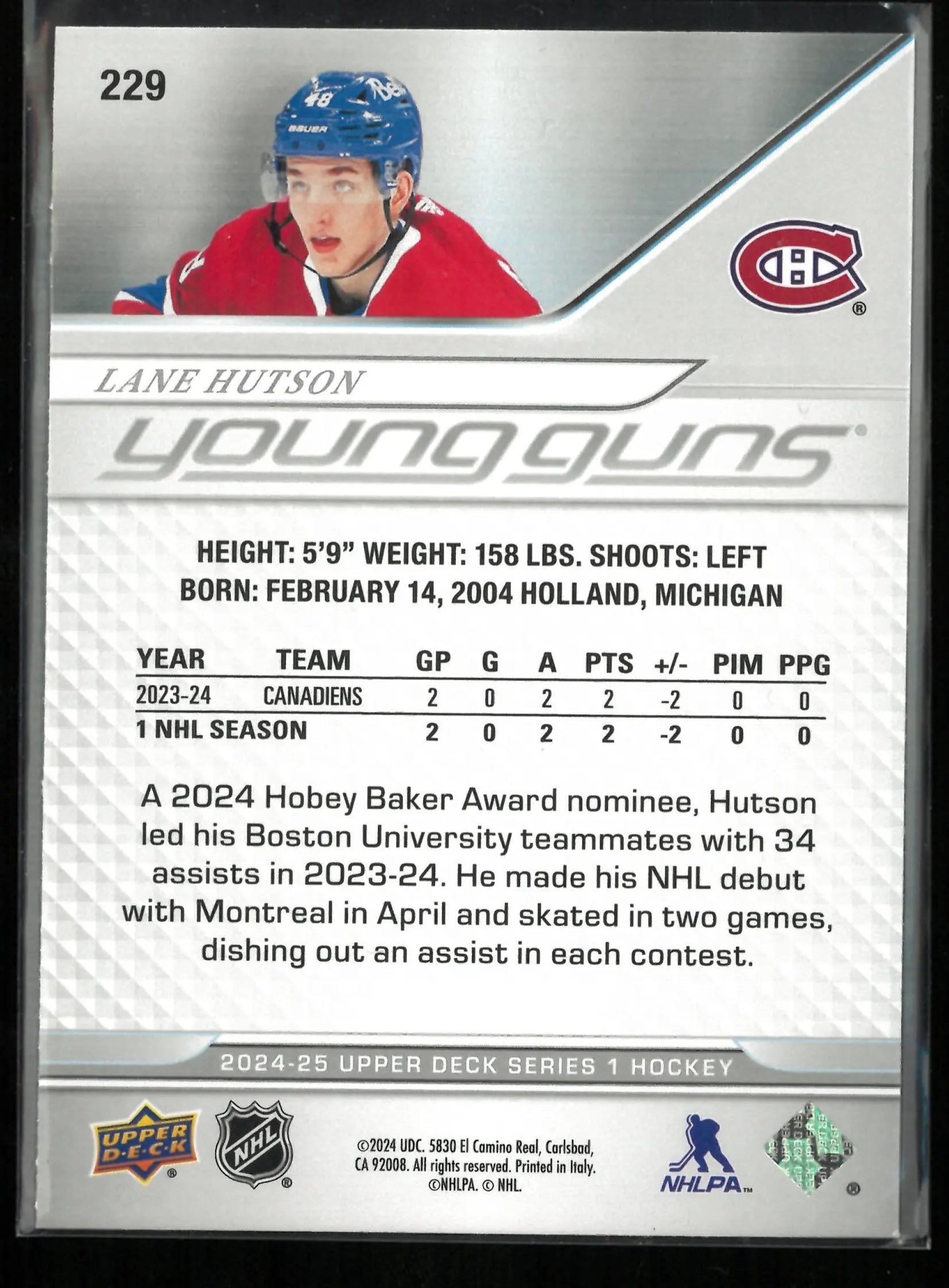 2024-25 Upper Deck Series 1 Young Guns Rookie Lane Hutson RC 
