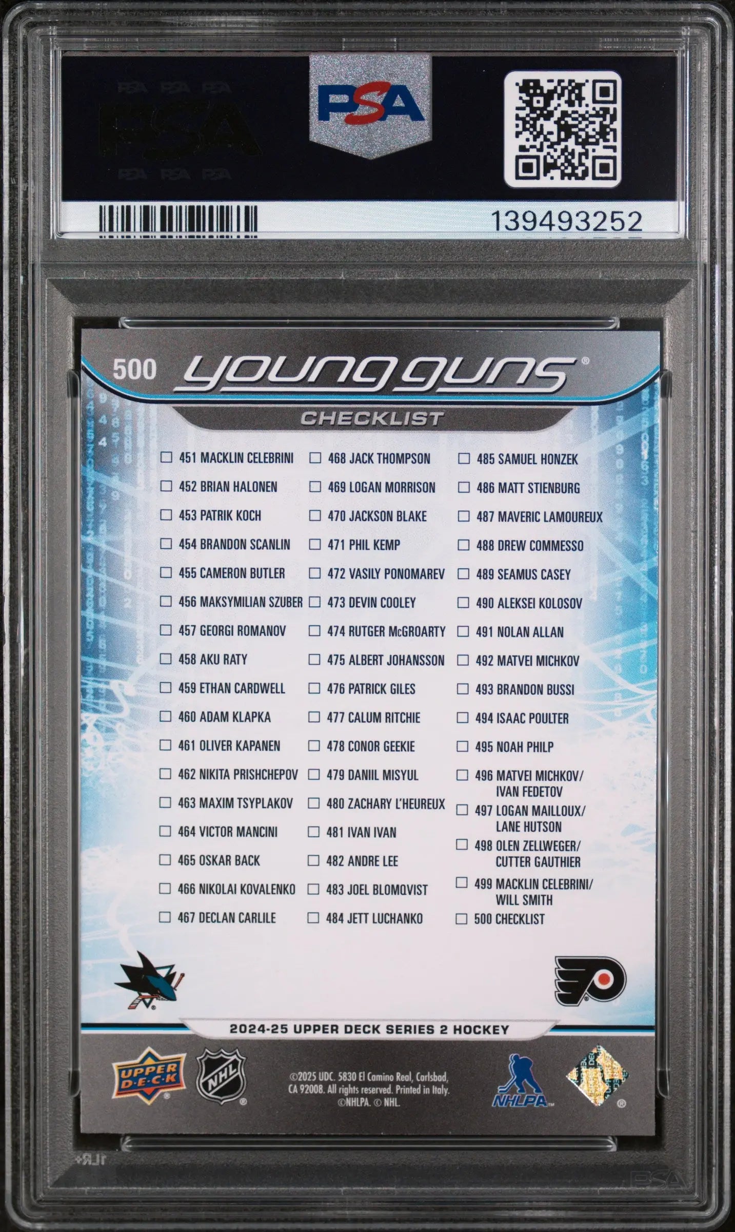 2024-25 Upper Deck Series 2 Checklist Celebrini Michkov Young Guns RC PSA 10 