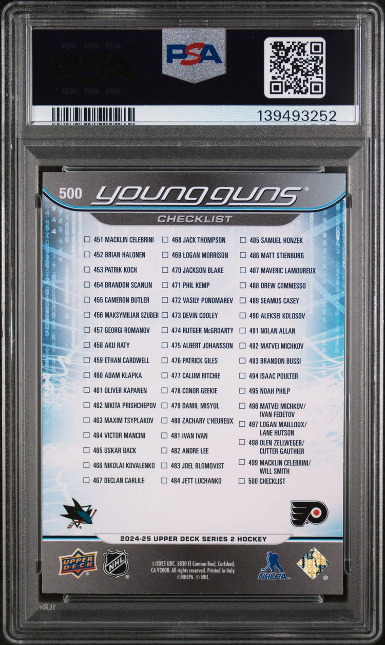 2024-25 Upper Deck Series 2 Checklist Celebrini Michkov Young Guns RC PSA 10 