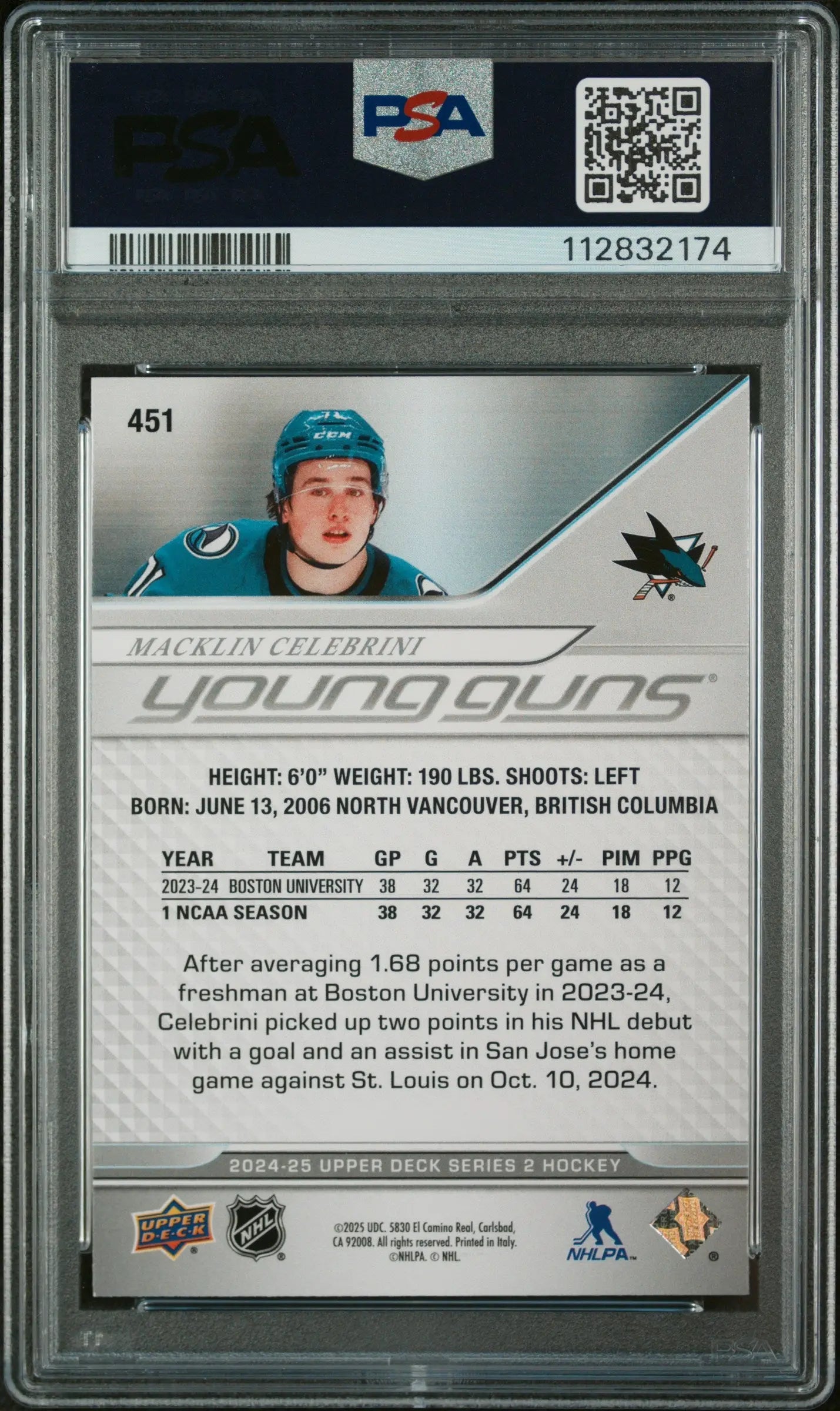 2024-25 Upper Deck Series 2 Hockey Macklin Celebrini Young Guns RC PSA 9 