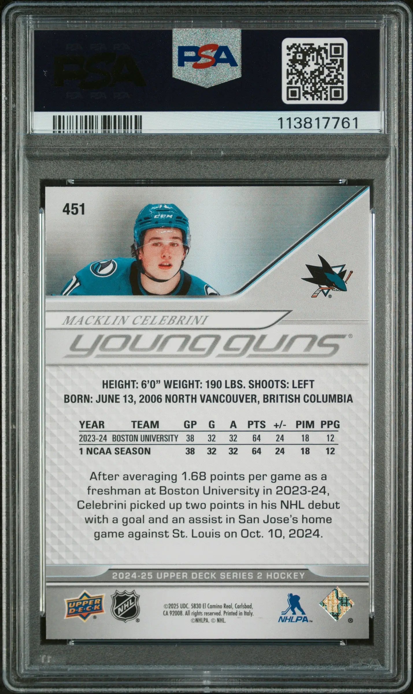 2024-25 Upper Deck Series 2 Hockey Macklin Celebrini Young Guns RC PSA 9 