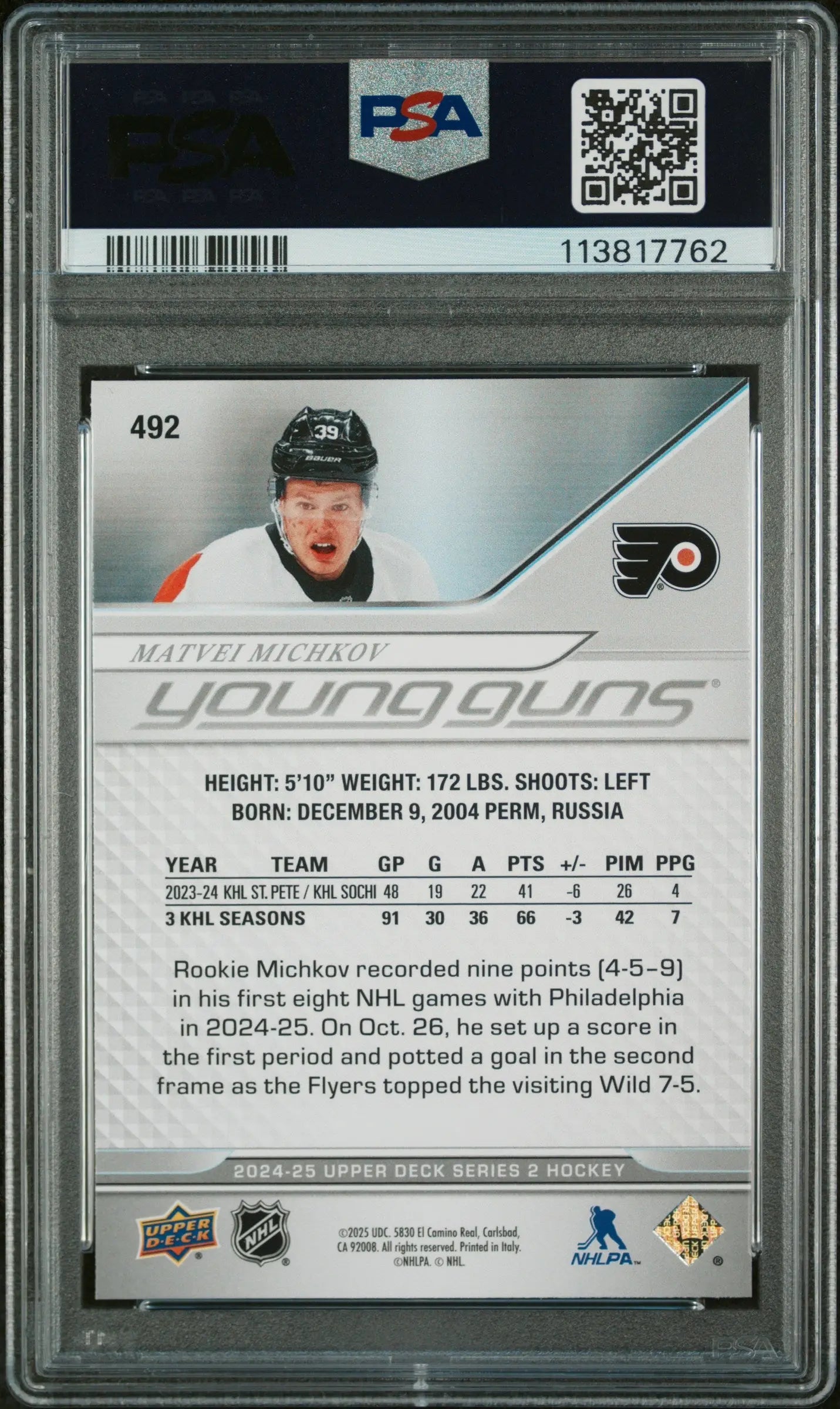 2024-25 Upper Deck Series 2 Hockey Matvei Michkov Young Guns RC PSA 10 