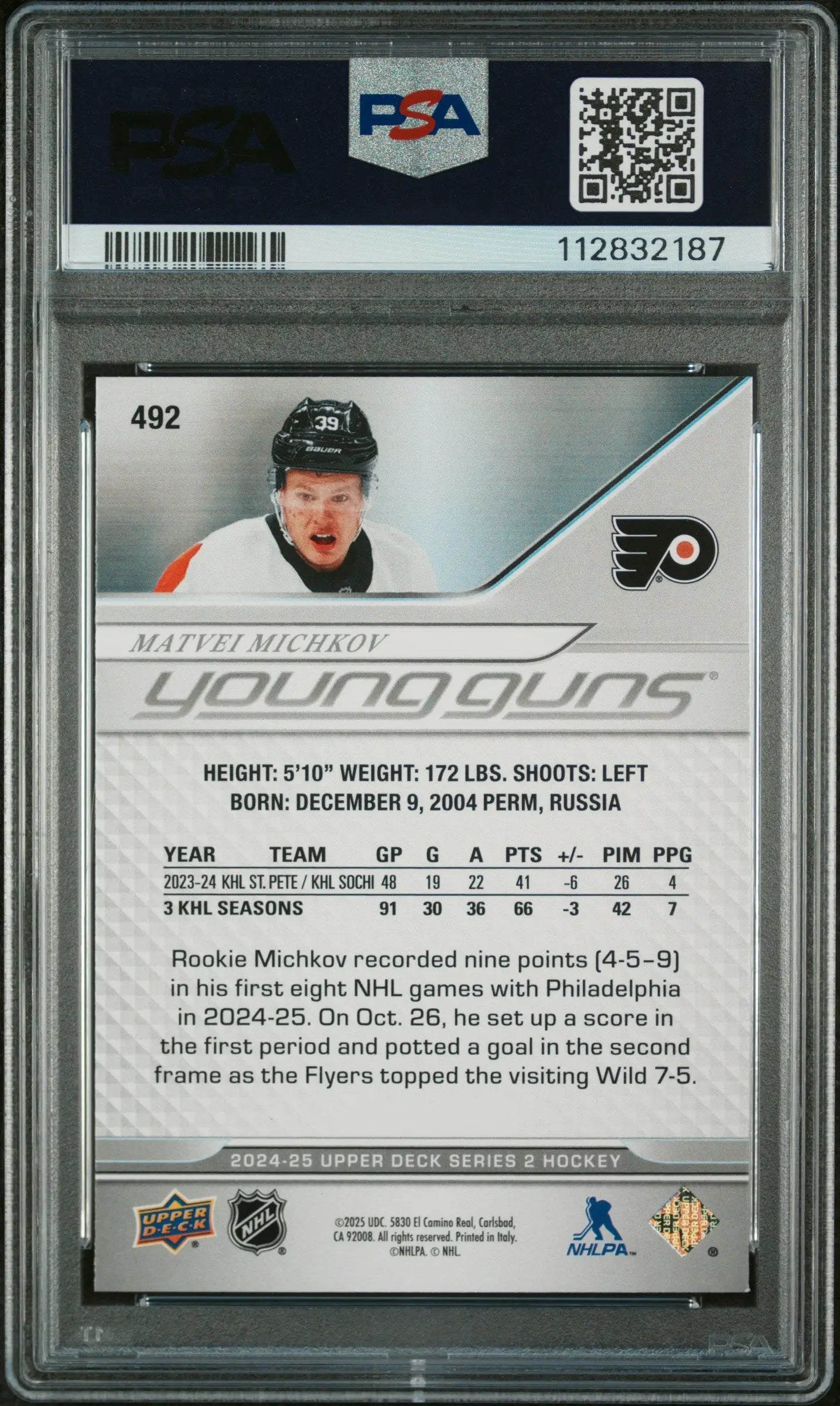 2024-25 Upper Deck Series 2 Hockey Matvei Michkov Young Guns RC PSA 9 