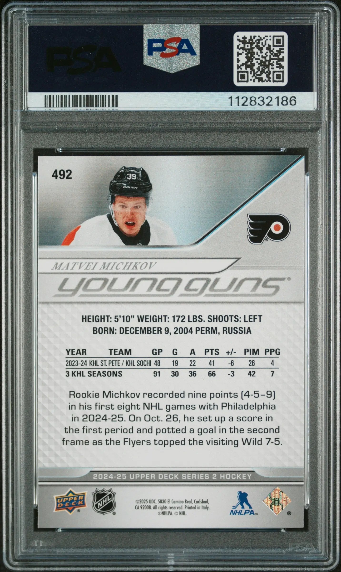2024-25 Upper Deck Series 2 Hockey Matvei Michkov Young Guns RC PSA 9 