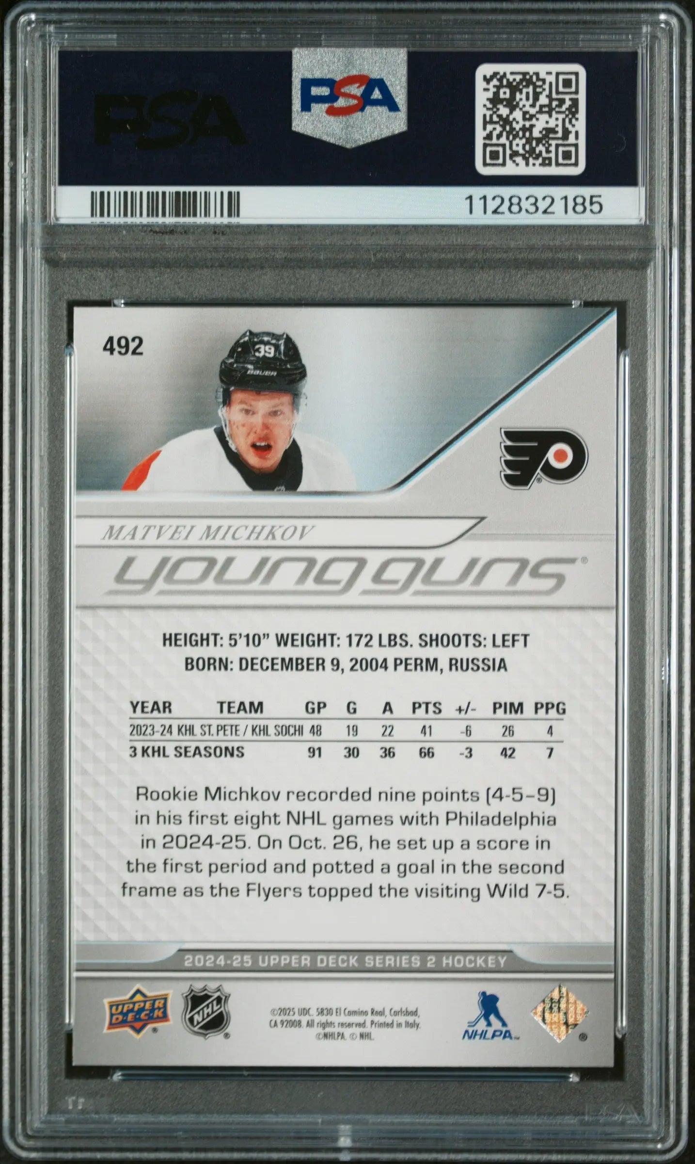 2024-25 Upper Deck Series 2 Hockey Matvei Michkov Young Guns RC PSA 9 