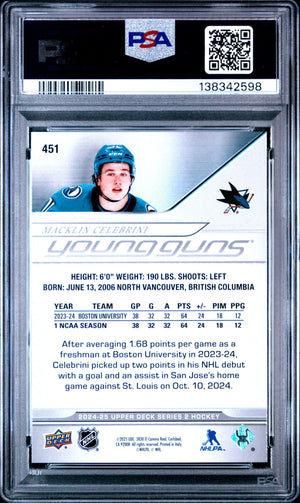 2024-25 Upper Deck Series 2 Macklin Celebrini Young Guns RC Rookie #451 PSA 10 
