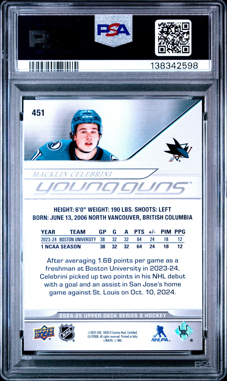 2024-25 Upper Deck Series 2 Macklin Celebrini Young Guns RC Rookie #451 PSA 10 
