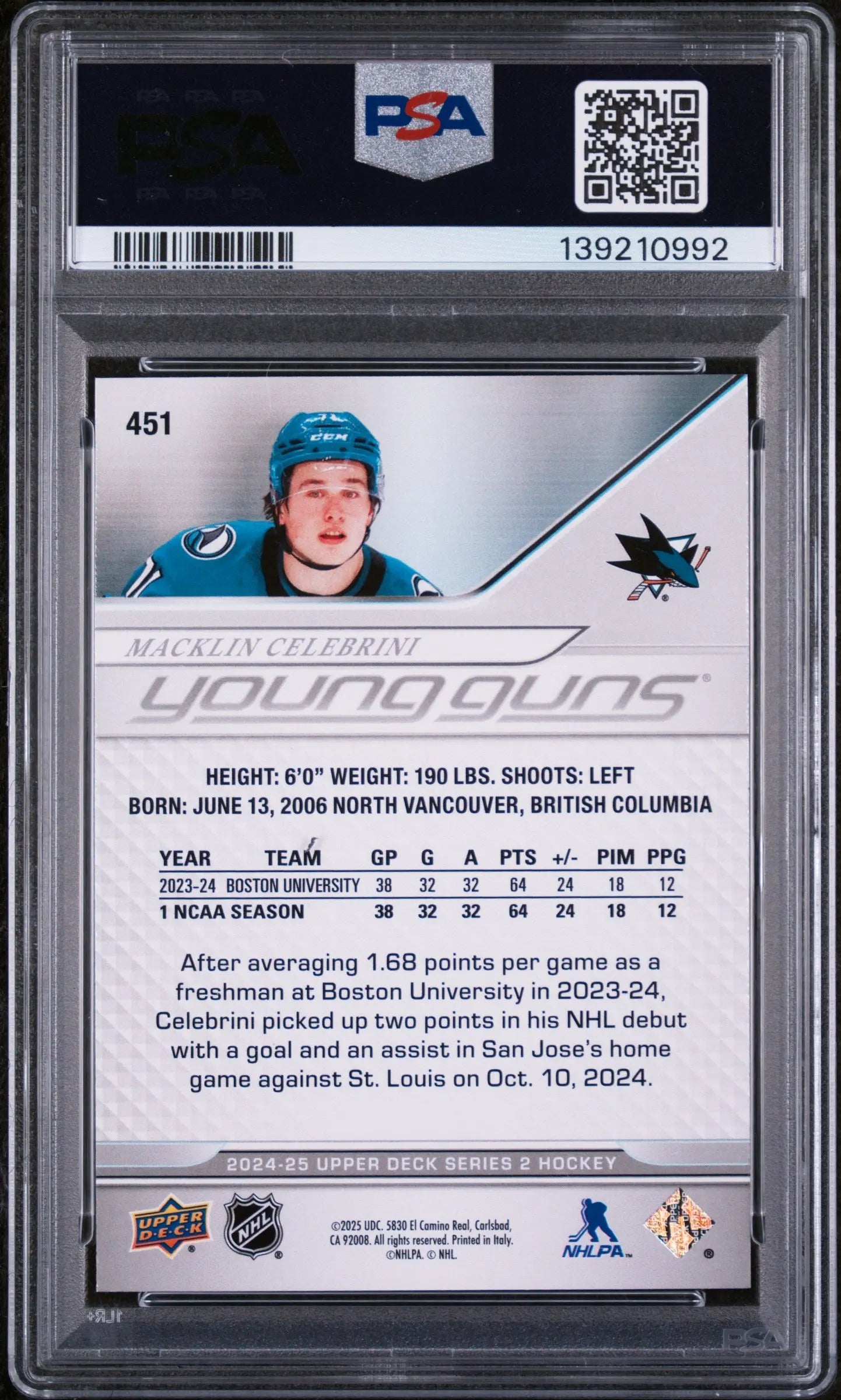 2024-25 Upper Deck Series 2 Macklin Celebrini Young Guns RC Rookie #451 PSA 8 