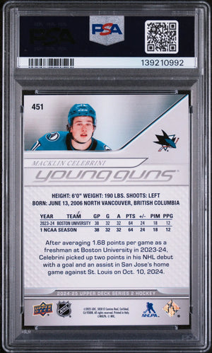 2024-25 Upper Deck Series 2 Macklin Celebrini Young Guns RC Rookie #451 PSA 8 