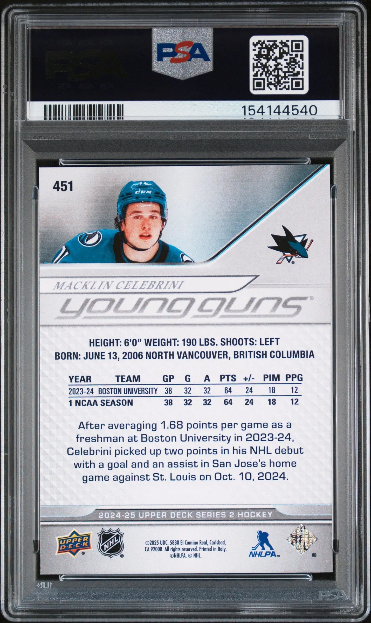 2024-25 Upper Deck Series 2 Macklin Celebrini Young Guns RC Rookie #451 PSA 9 