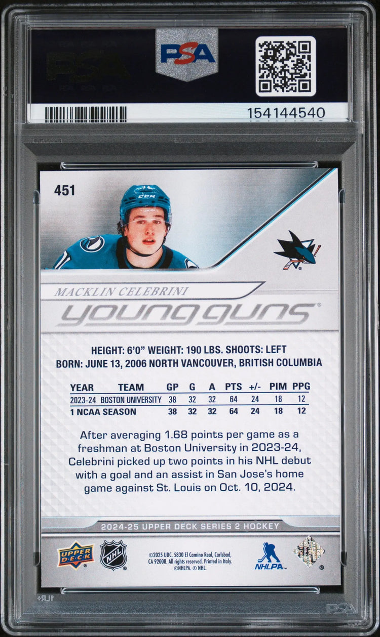 2024-25 Upper Deck Series 2 Macklin Celebrini Young Guns RC Rookie #451 PSA 9 