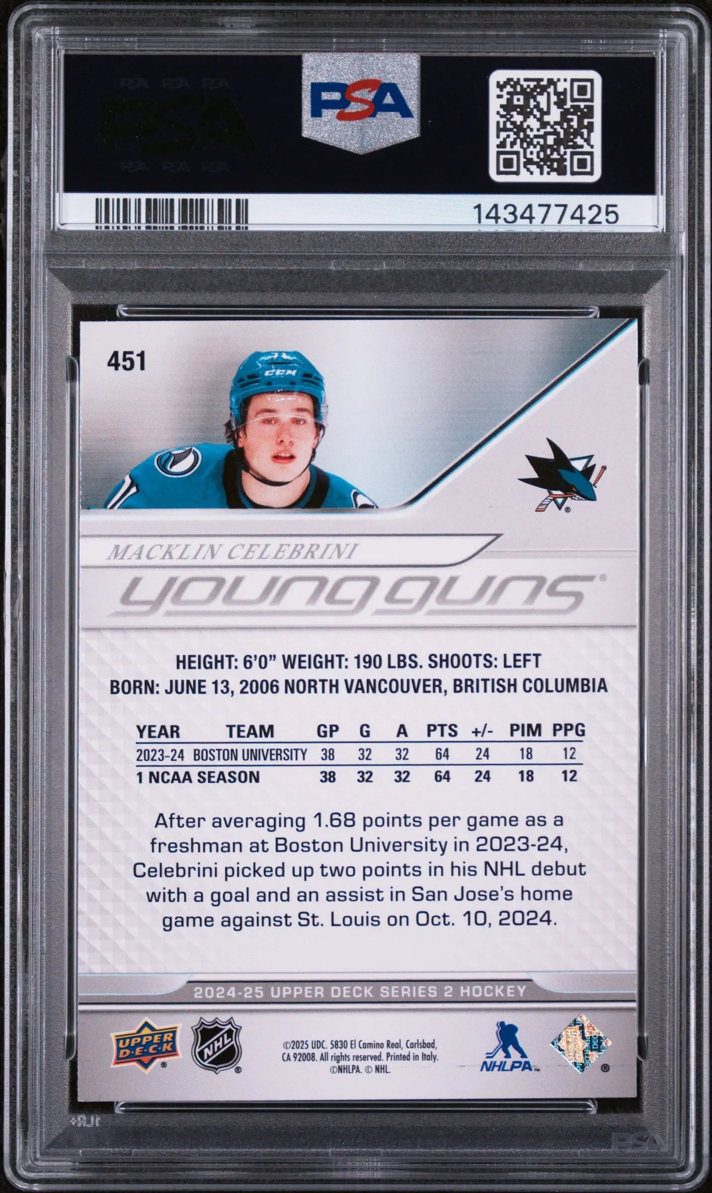 2024-25 Upper Deck Series 2 Macklin Celebrini Young Guns RC Rookie #451 PSA 9 