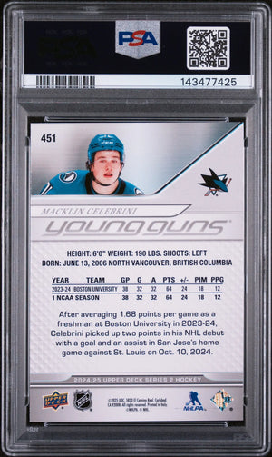 2024-25 Upper Deck Series 2 Macklin Celebrini Young Guns RC Rookie #451 PSA 9 