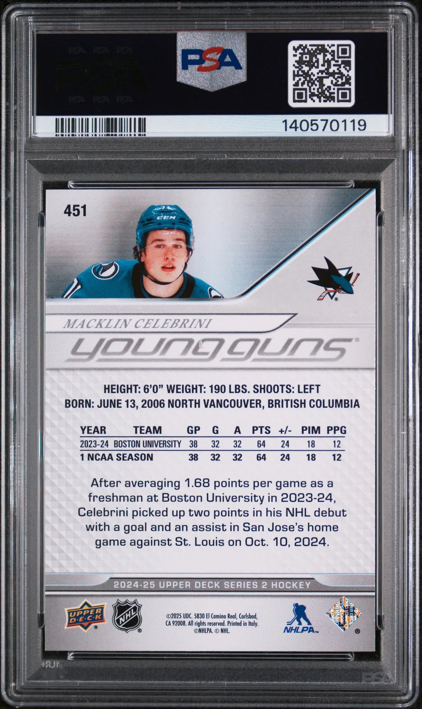 2024-25 Upper Deck Series 2 Macklin Celebrini Young Guns RC #451 PSA 10 
