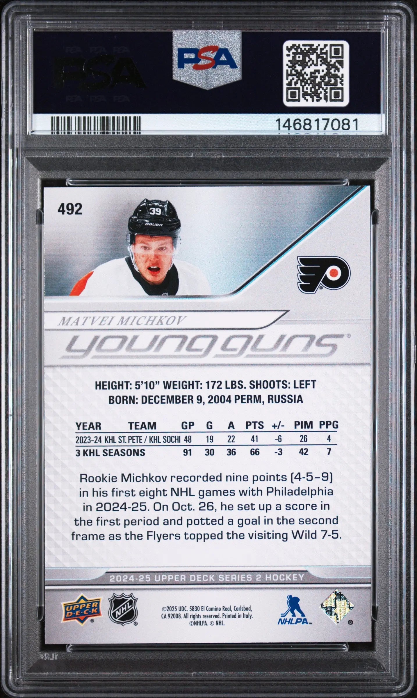 2024-25 Upper Deck Series 2 Matvei Michkov Young Guns RC Rookie #492 PSA 8 