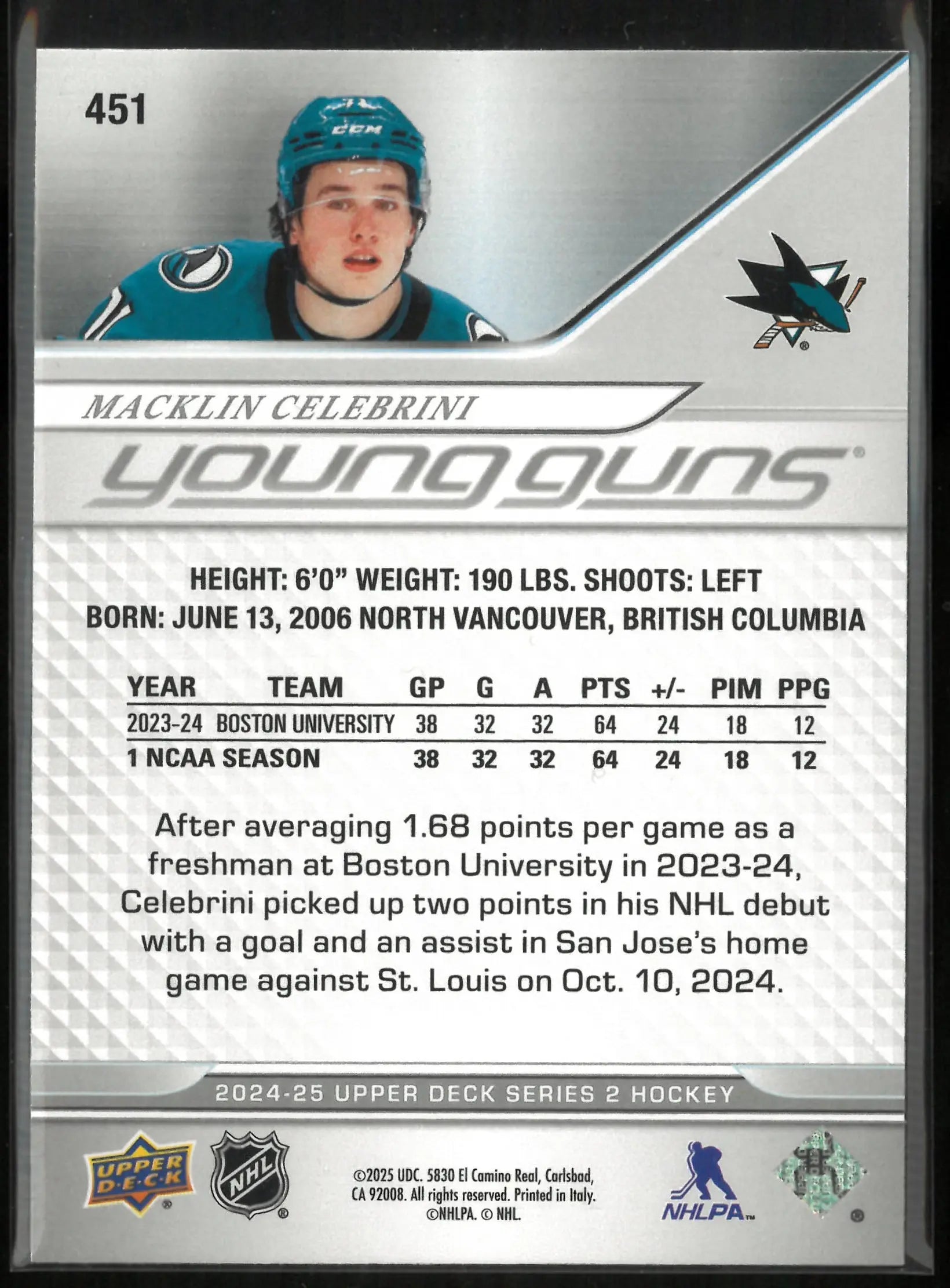 2024-25 Upper Deck Series 2 Young Guns Macklin Celebrini Rookie RC 