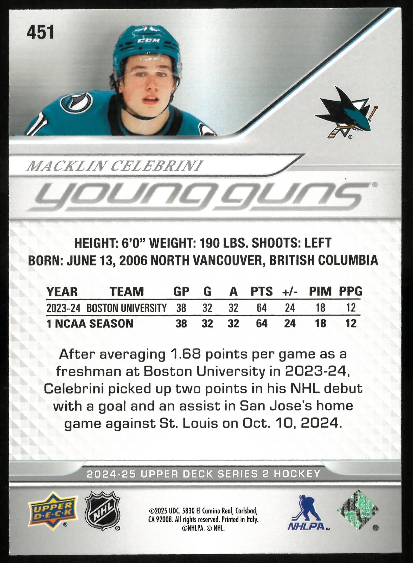 2024-25 Upper Deck Series 2 Young Guns Rookie Macklin Celebrini 