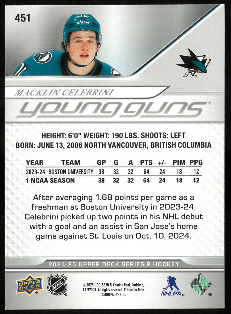 2024-25 Upper Deck Series 2 Young Guns Rookie Macklin Celebrini 