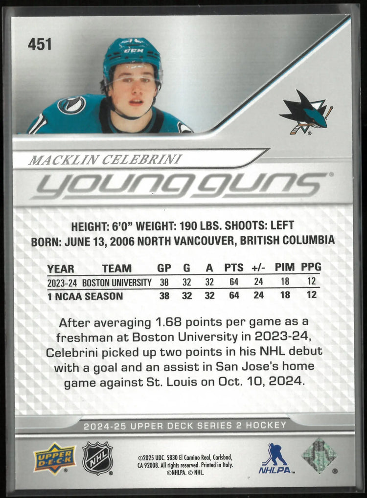 2024-25 Upper Deck Series 2 Young Guns Rookie Macklin Celebrini RC 