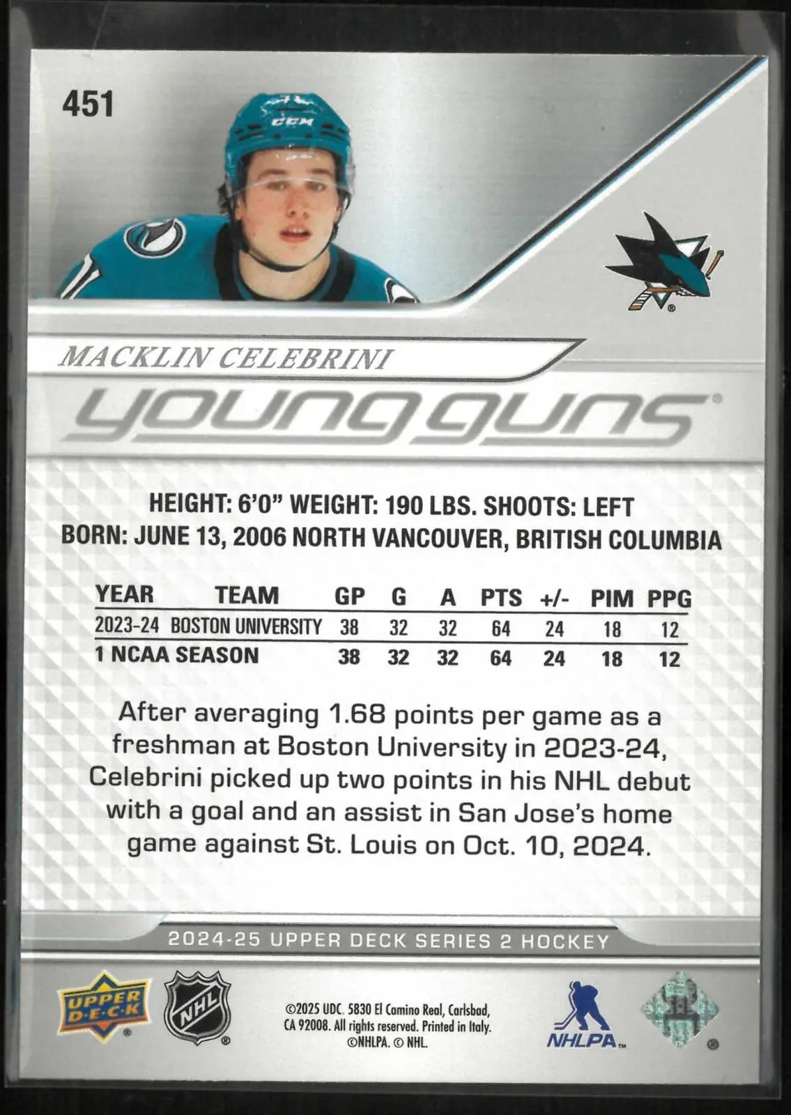 2024-25 Upper Deck Series 2 Young Guns Rookie Macklin Celebrini RC 