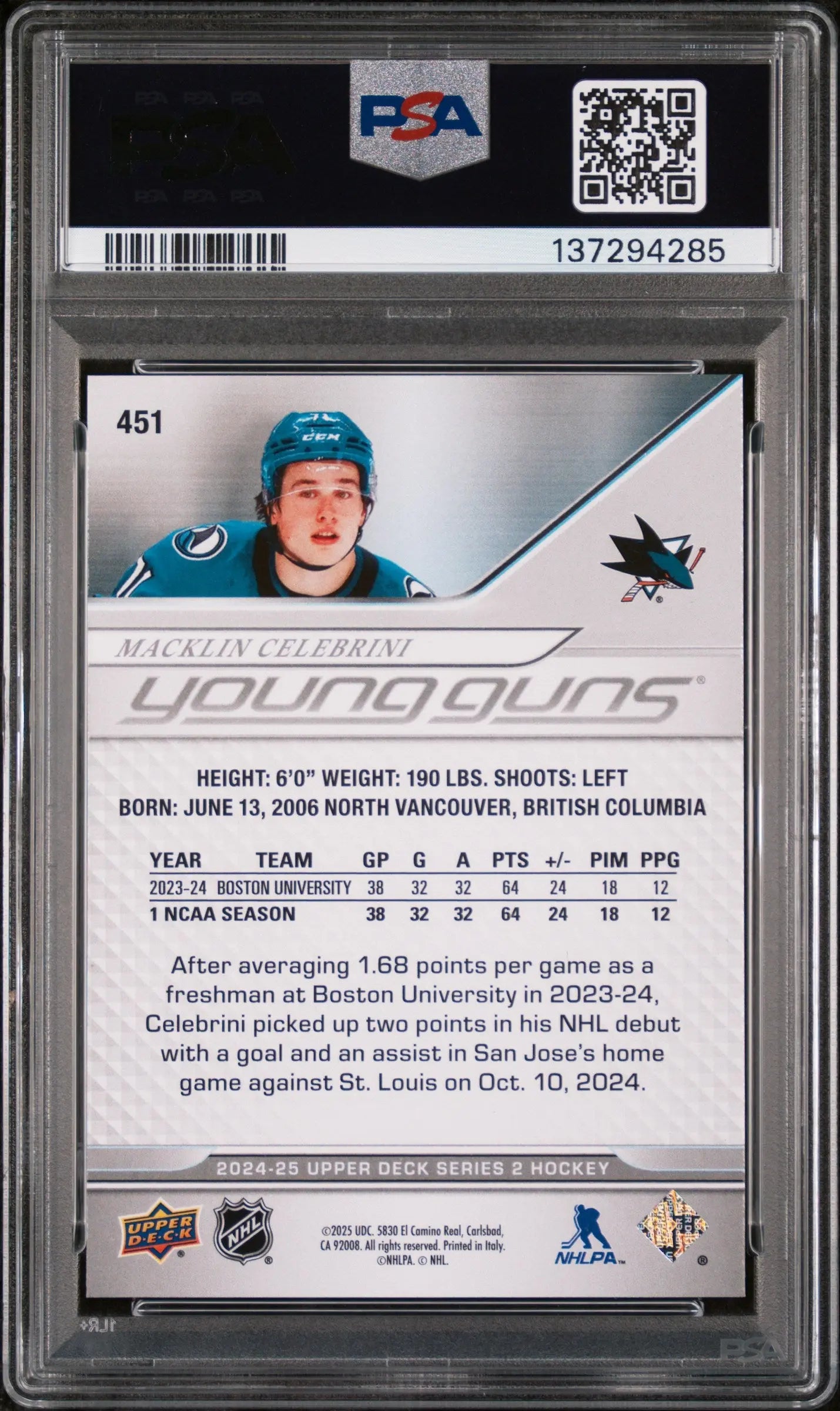 2024-25 Upper Deck Series 2 Young Guns Rookie RC Macklin Celebrini #451 PSA 10 