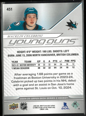 2024-25 Upper Deck Series 2 Young Guns Rookies Macklin Celebrini RC 