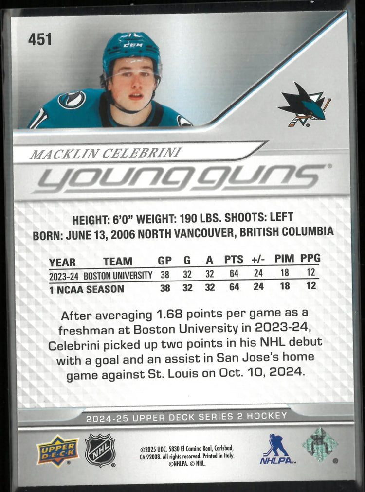 2024-25 Upper Deck Series 2 Young Guns Rookies Macklin Celebrini RC 