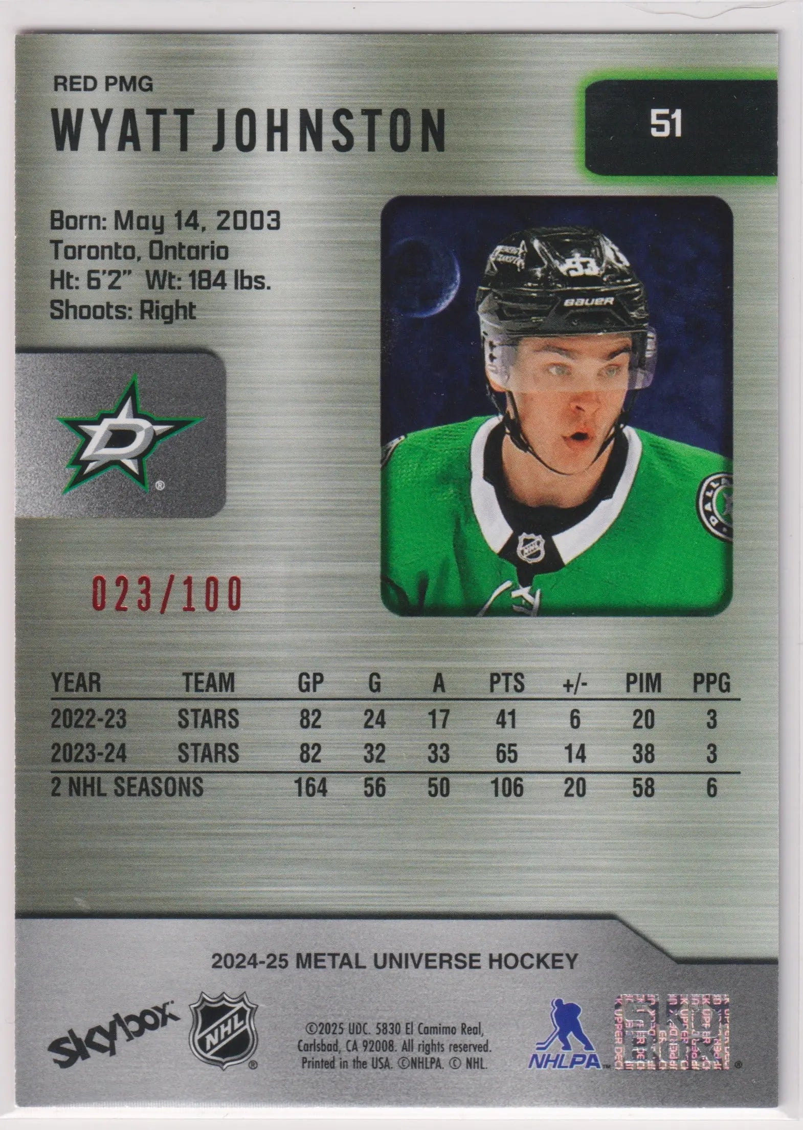2024-25 Upper Deck Skybox Metal Universe Wyatt Johnston Red PMG /100 