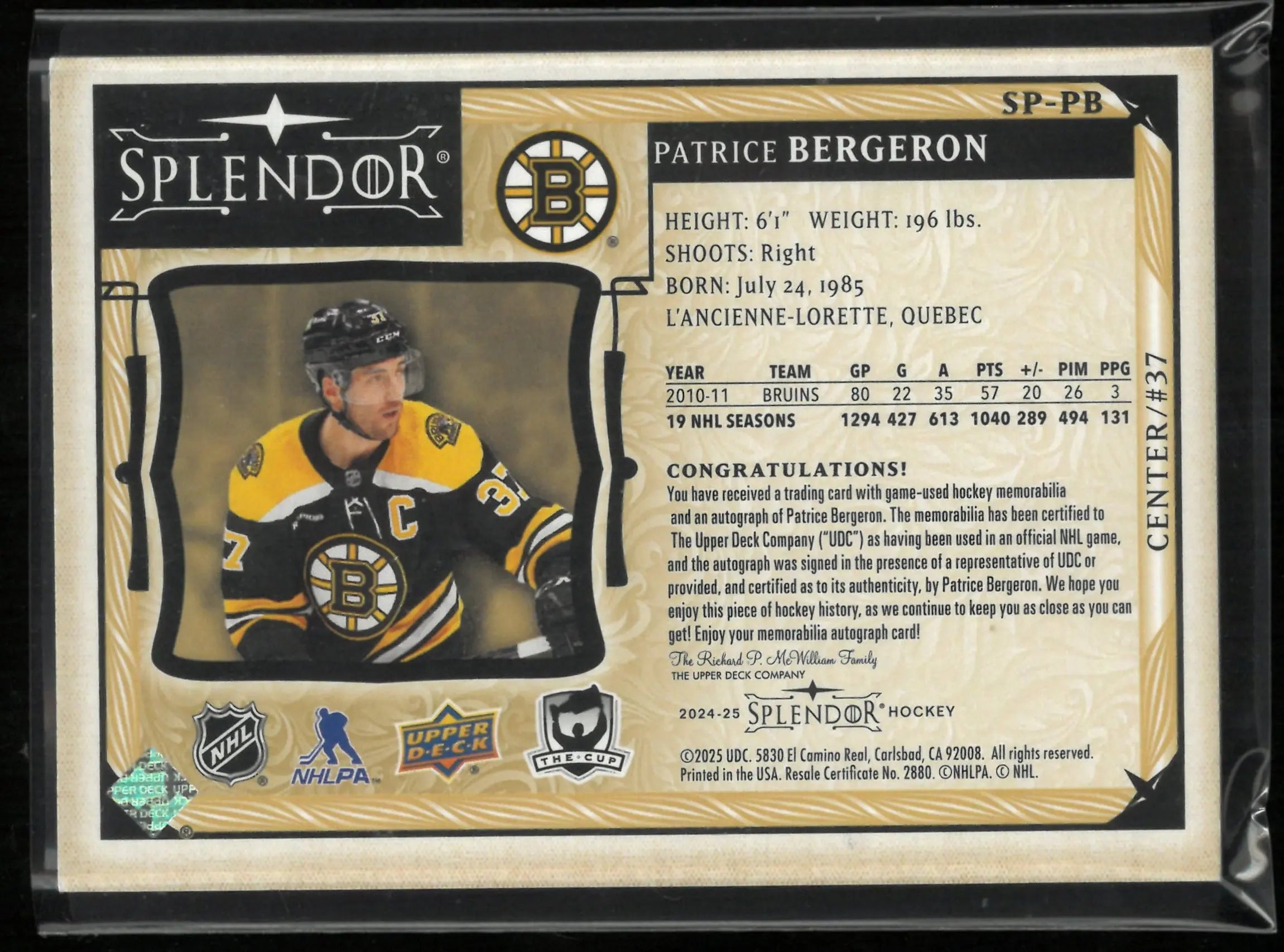 2024-25 Upper Deck Splendor Patrice Bergeron Auto Patch /36 