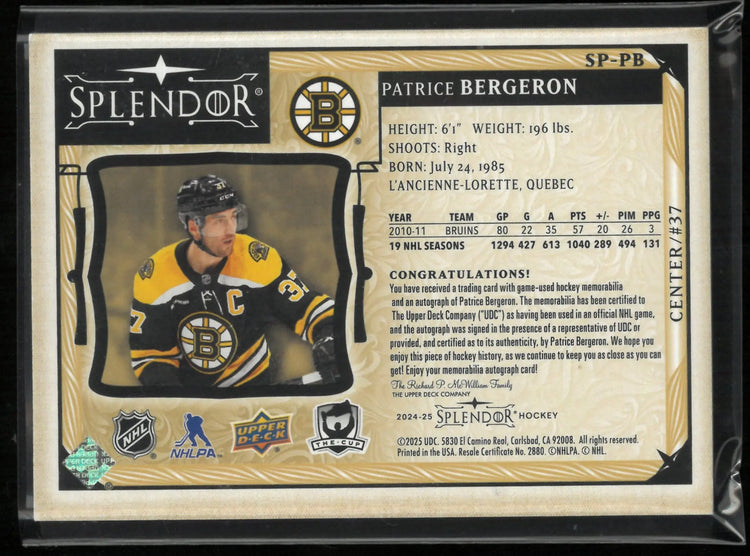 2024-25 Upper Deck Splendor Patrice Bergeron Auto Patch /36 