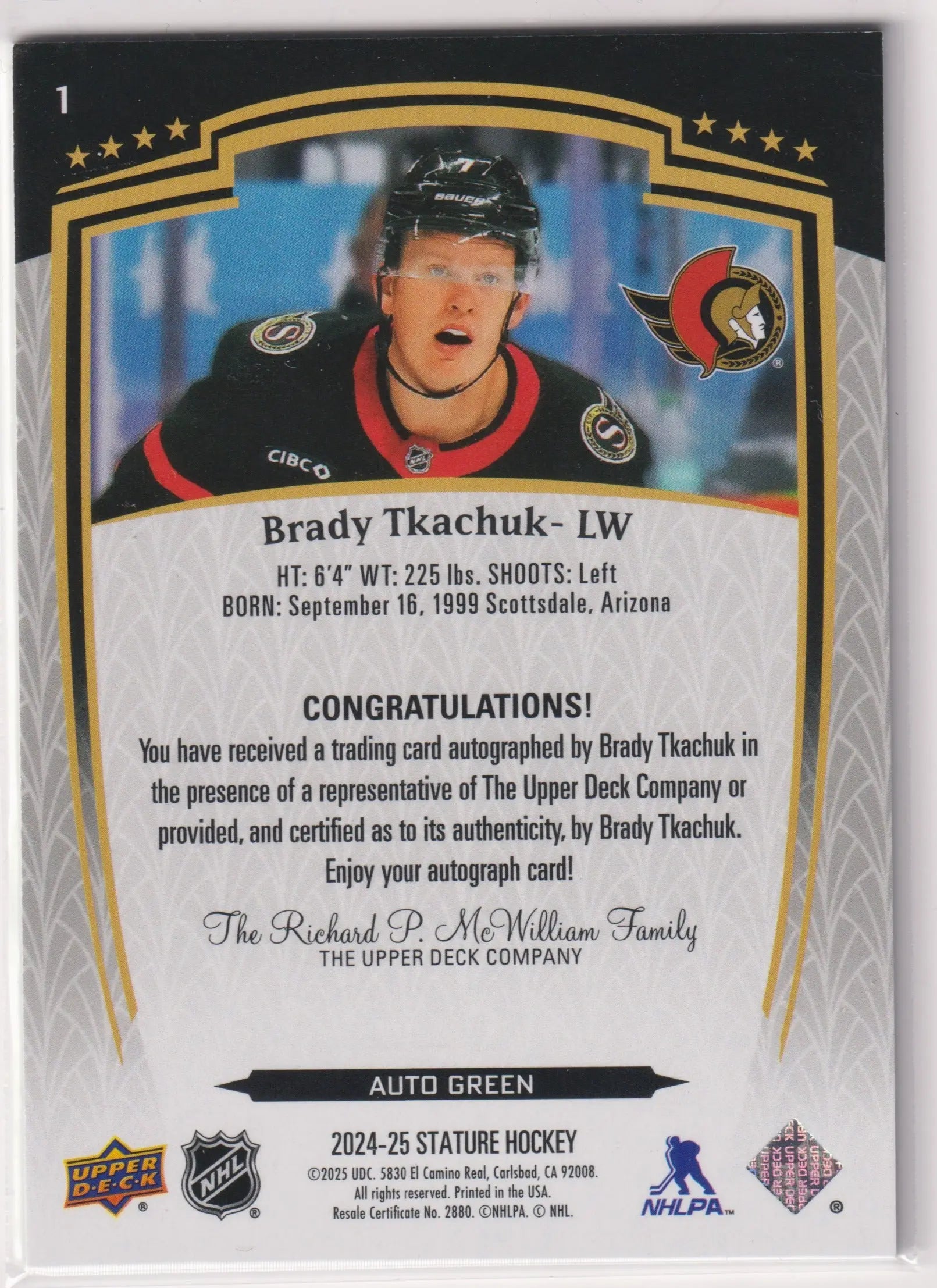 2024-25 Upper Deck Stature Autograph Brady Tkachuk Auto Green /199 