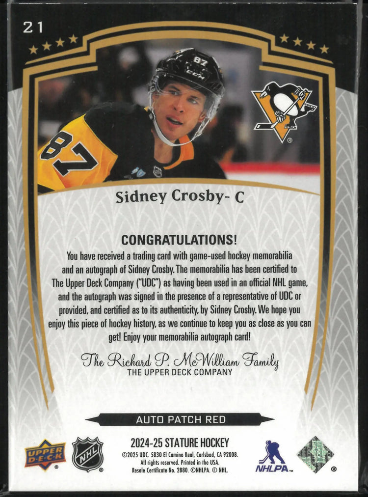 2024-25 Upper Deck Stature Autograph Patch Sidney Crosby Red /25 