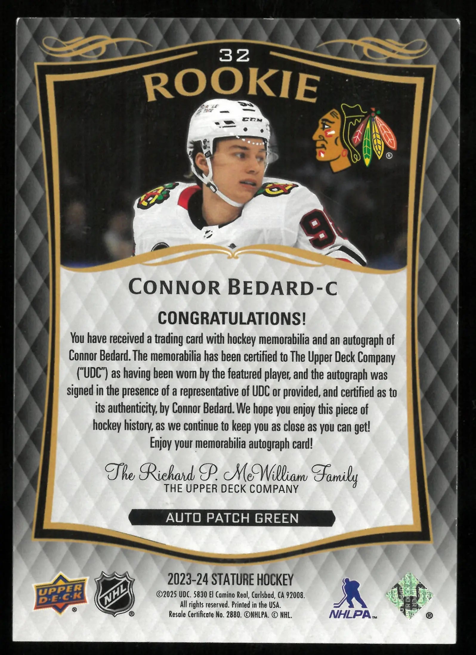 Connor Bedard Rookie Card 2024-25: Upper Deck Green Patch Auto