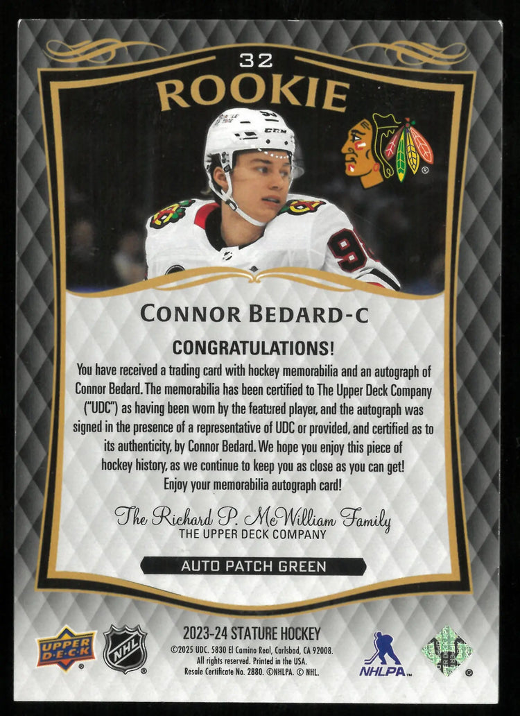 2024-25 Upper Deck Stature Connor Bedard RC Rookie Green Patch Auto /35 