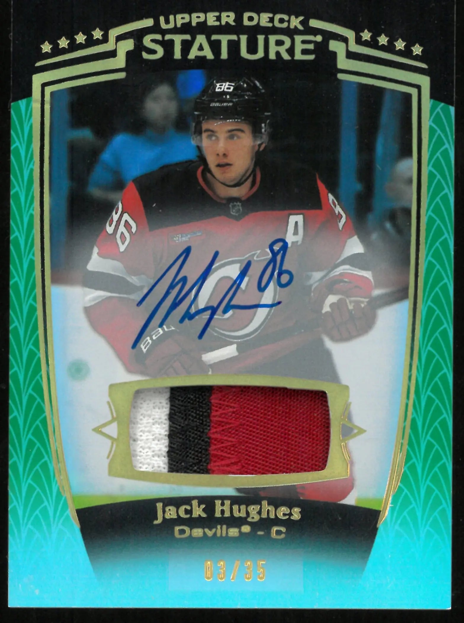 2024-25 Upper Deck Stature Hockey Jack Hughes 3 Color Patch Auto Green /35 