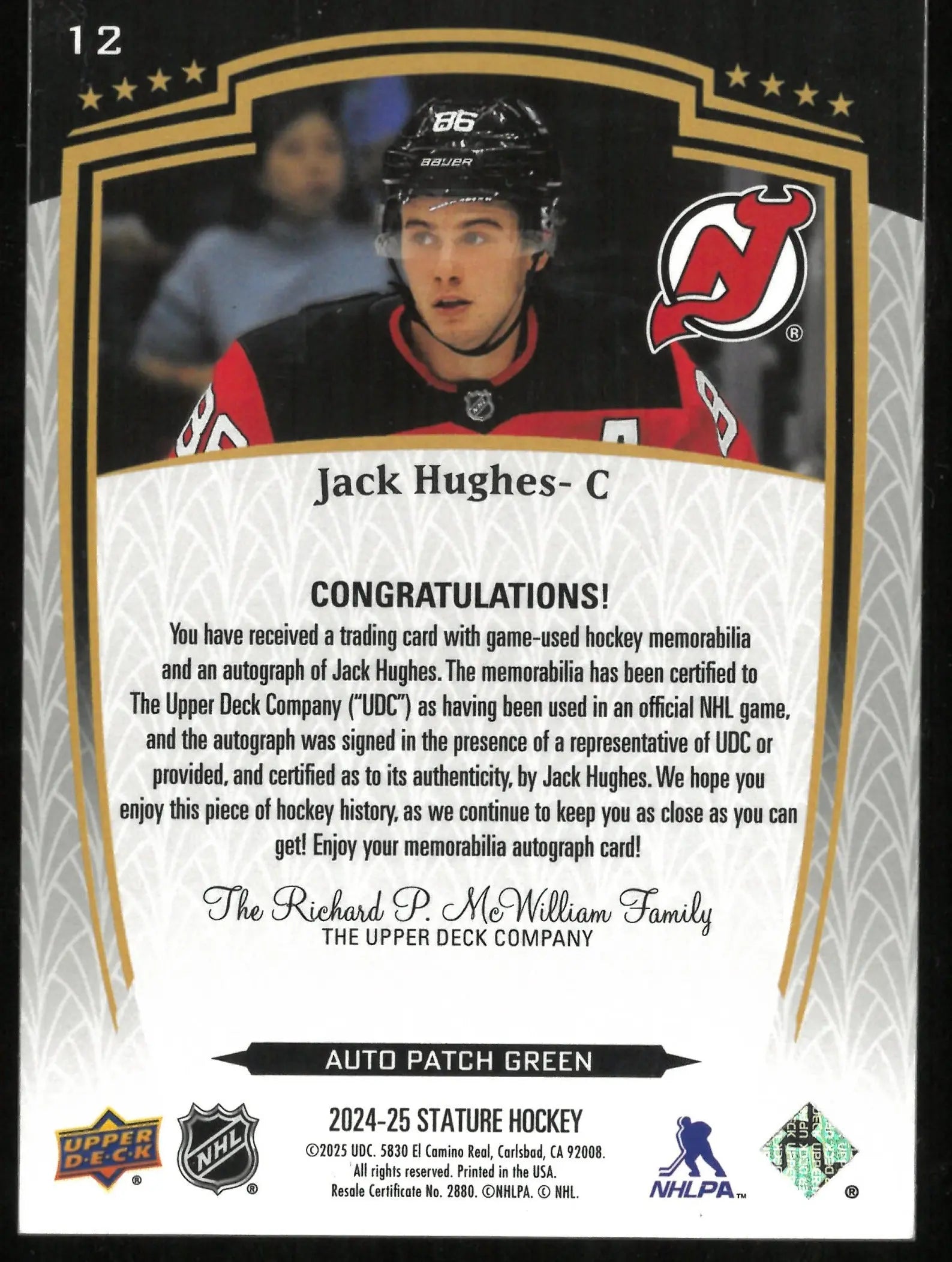 2024-25 Upper Deck Stature Hockey Jack Hughes 3 Color Patch Auto Green /35 