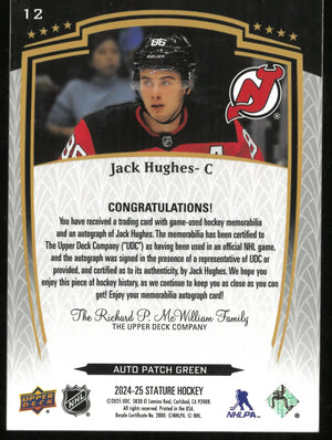 2024-25 Upper Deck Stature Hockey Jack Hughes 3 Color Patch Auto Green /35 