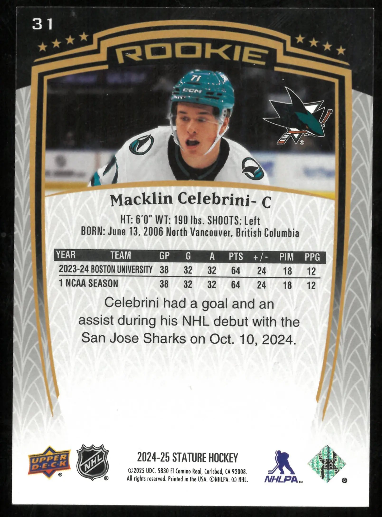 2024-25 Upper Deck Stature Hockey Rookie Macklin Celebrini /999 