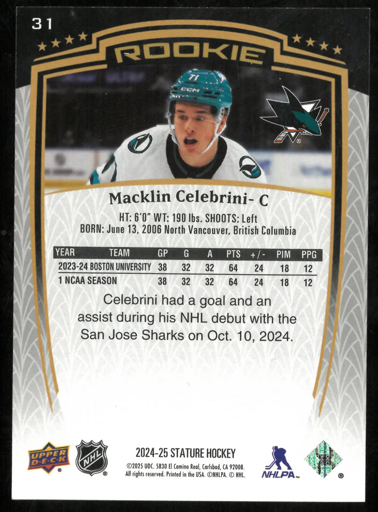 2024-25 Upper Deck Stature Hockey Rookie Macklin Celebrini /999 