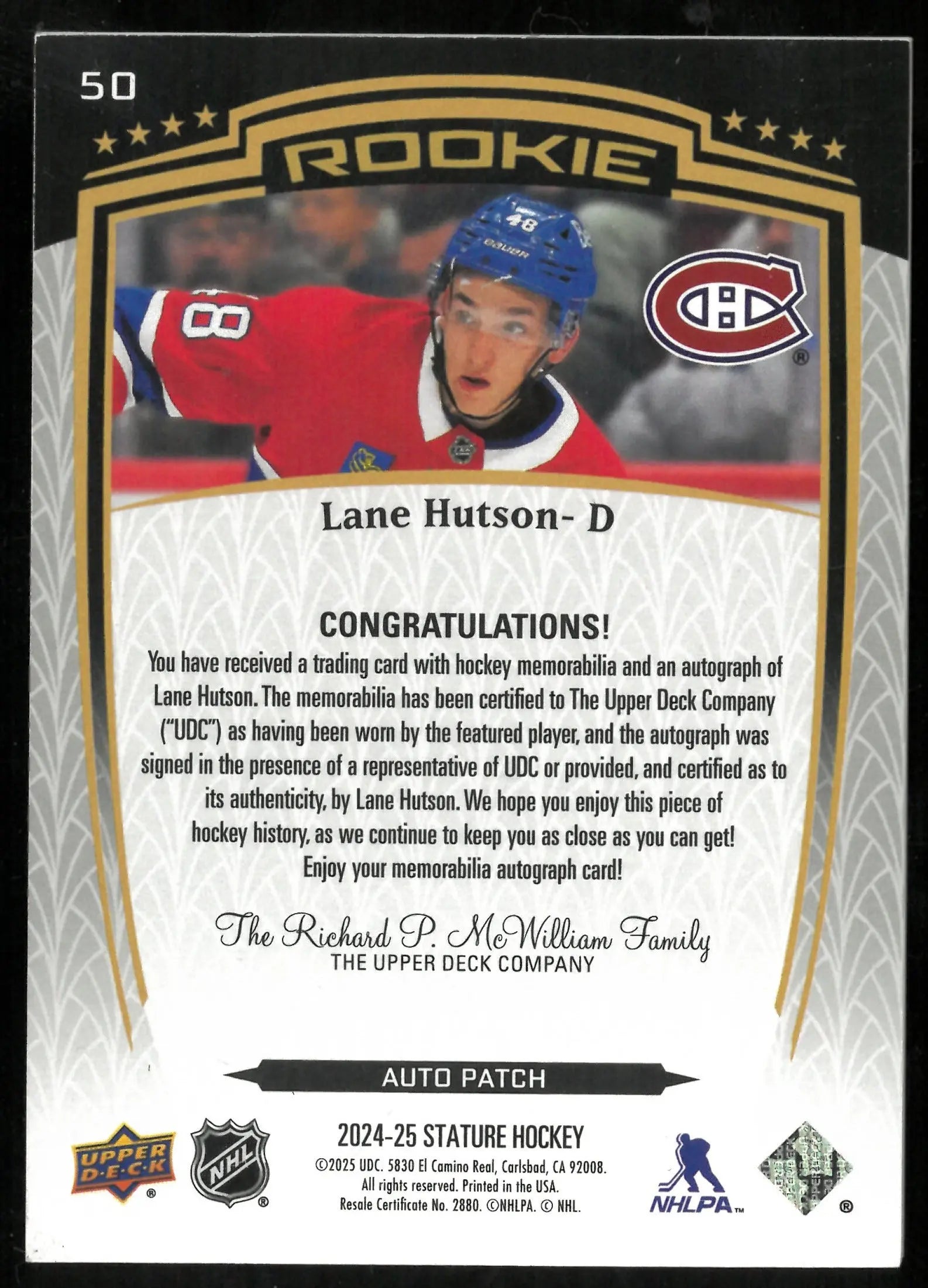 2024-25 Upper Deck Stature  Lane Hutson RC Rookie 2 Color Patch Auto /49 