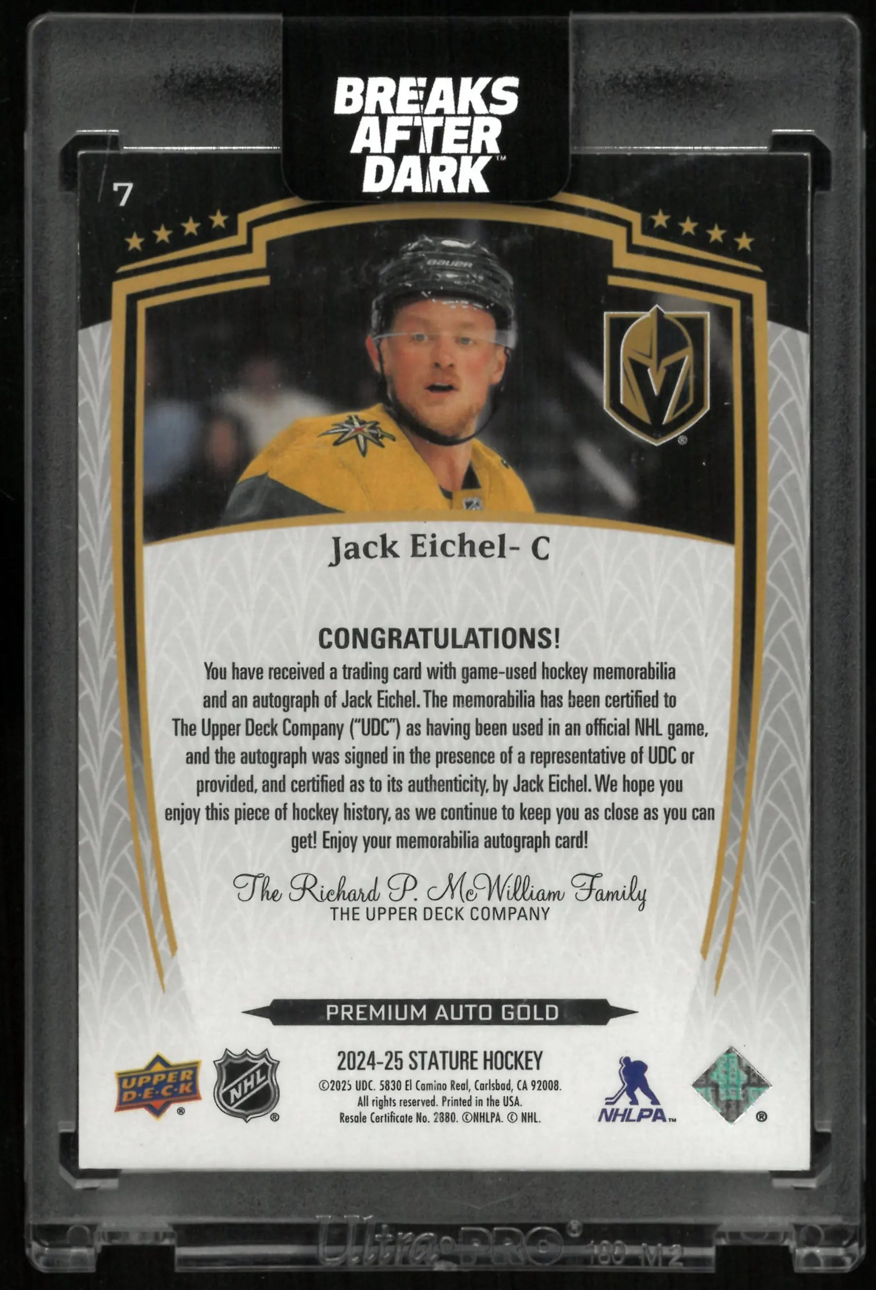 2024-25 Upper Deck Stature Premium Autograph Gold Jack Eichel Auto Patch /5 
