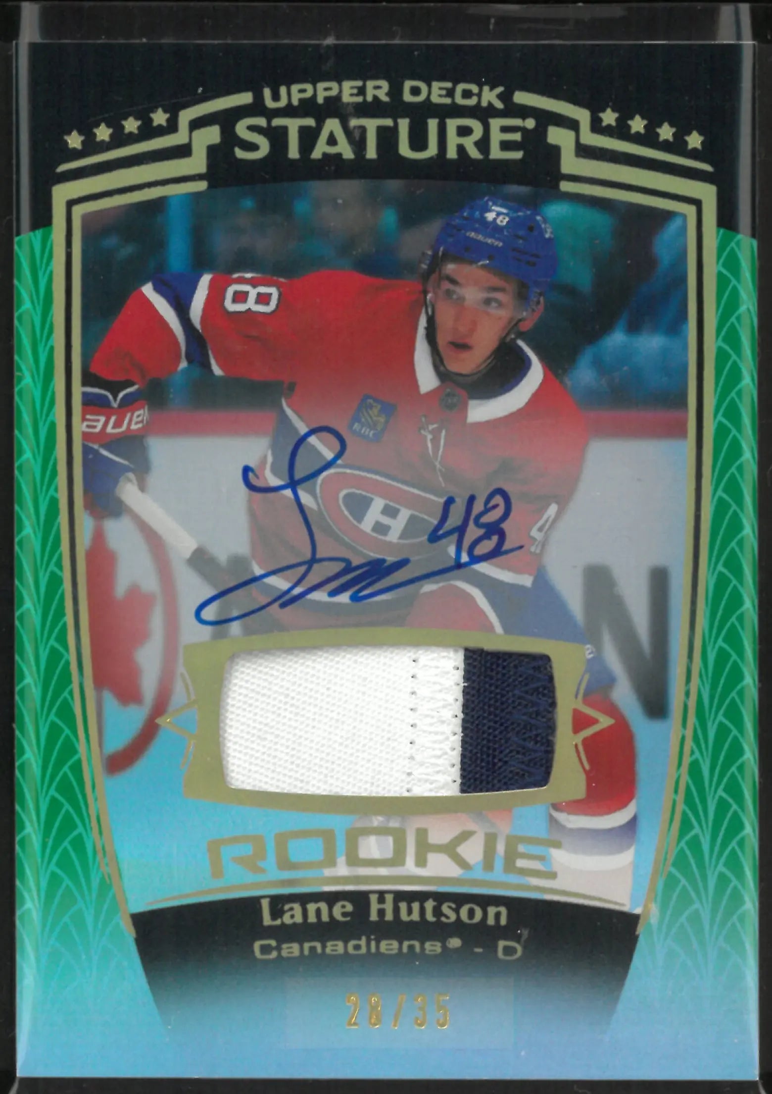 2024-25 Upper Deck Stature Rookie Patch Autograph Lane Hutson Auto Green /35 RC 