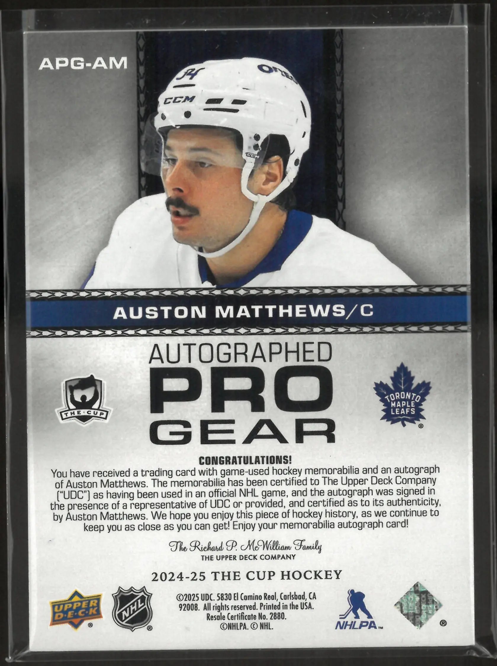 2024-25 Upper Deck The Cup Auston Matthews Autographed Pro Gear Auto /12 
